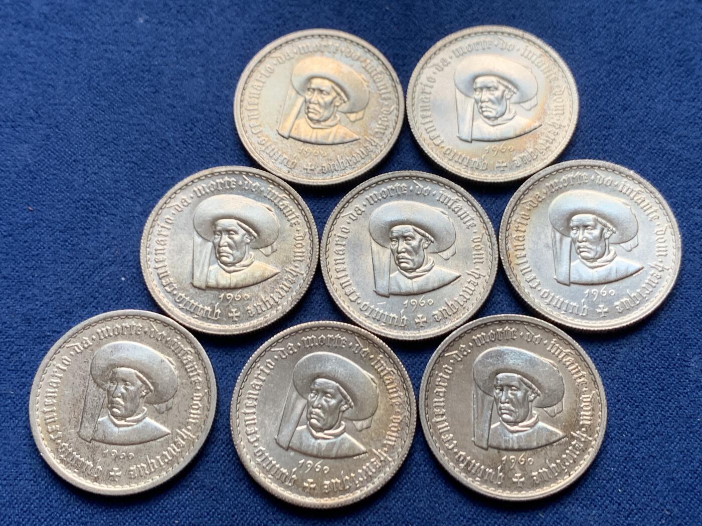 《竞宝斋》第466场 周日，周一 2场连拍 （全场包邮）欢迎送拍 八枚一组 葡萄牙1960年亨利王子逝世500周年5埃斯库多银币 总重56.3g 650银