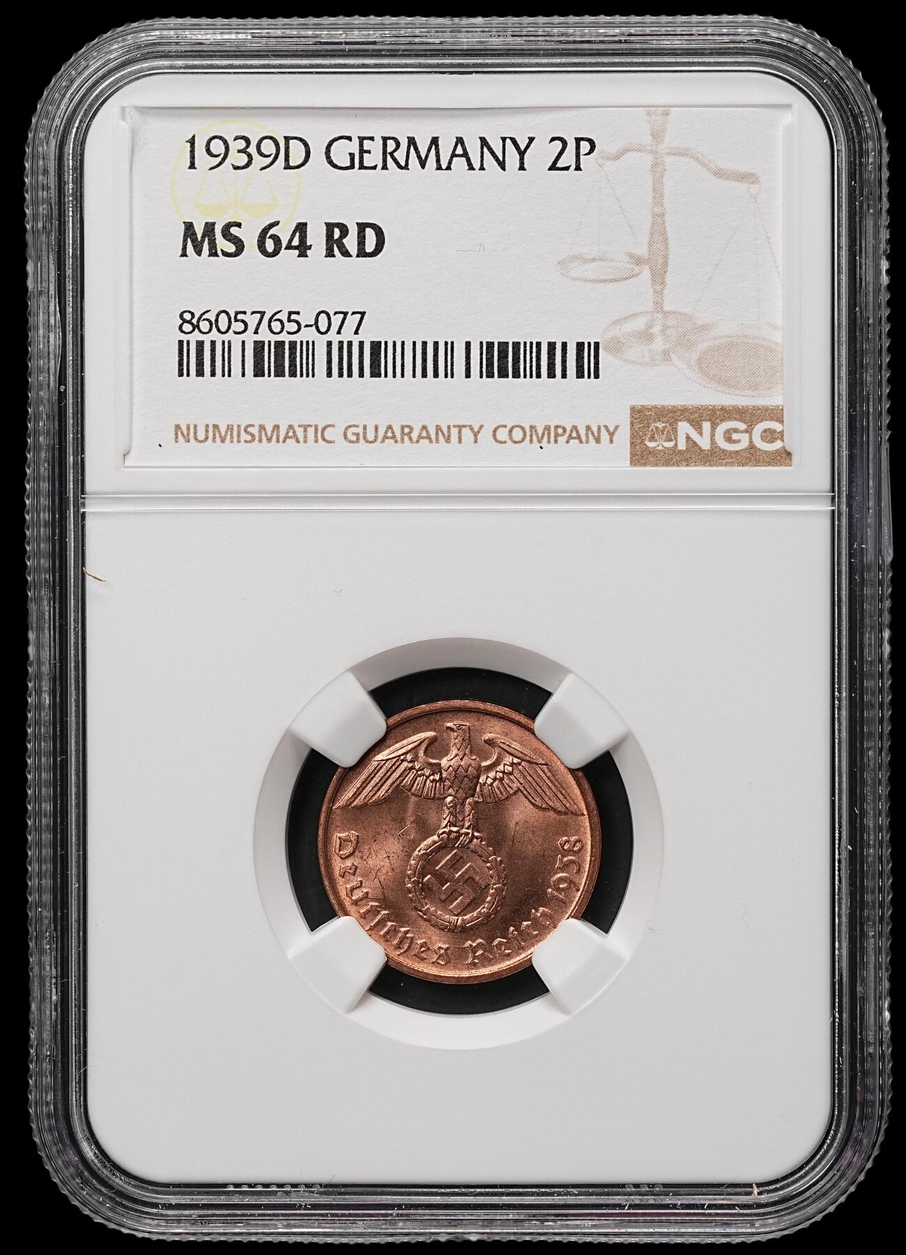 修遠堂世界钱币第106期，请看参拍说明 NGC MS64RD 1939年德国2芬尼铜币 D厂铭，满铜光