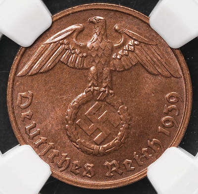 修遠堂世界钱币第106期，请看参拍说明 - NGC MS64RB 1939年德国2芬尼铜币 G厂铭