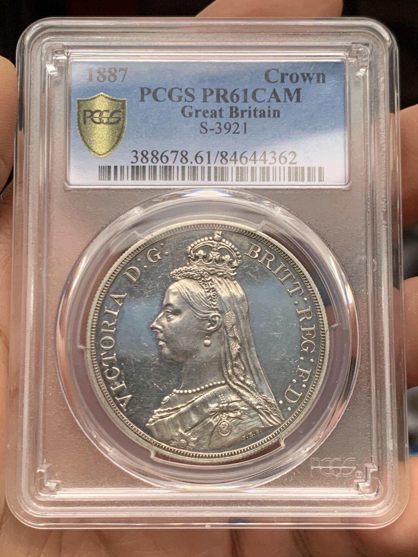 《竞宝斋》第466场 周日，周一 2场连拍 （全场包邮）欢迎送拍 PCGS PR61CAM 英国 1887年 精制高冠马剑克朗 银币 发行量1000的经典大热品种 CAM难得 HA一月份N盒同分61CAM拍卖成交价2684刀（Auction61586,Lot23204)