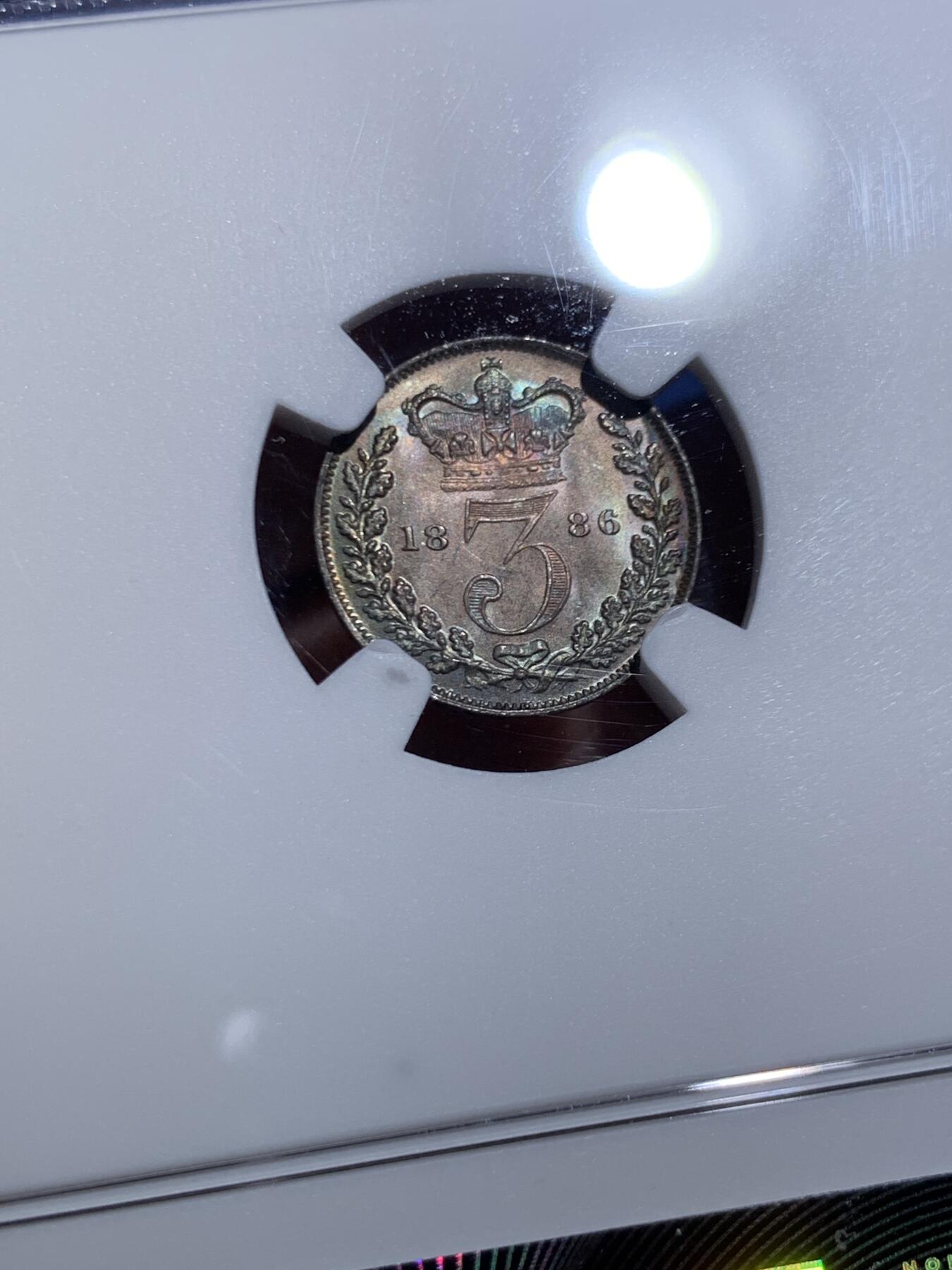 《竞宝斋》第466场 周日，周一 2场连拍 （全场包邮）欢迎送拍 NGC MS64-67 英国1886年小维濯足币1-4便士一套 原盒开出 评级连号 绒盒五彩包浆 状态极好 其中4便士为冠军分 难得