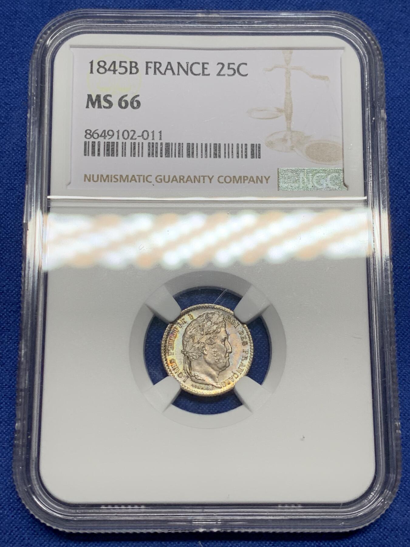 《竞宝斋》第466场 周日，周一 2场连拍 （全场包邮）欢迎送拍 NGC MS66 法国1845年菲利普斯一世25C银辅币 深五彩超高分 稀见品 亚军分数