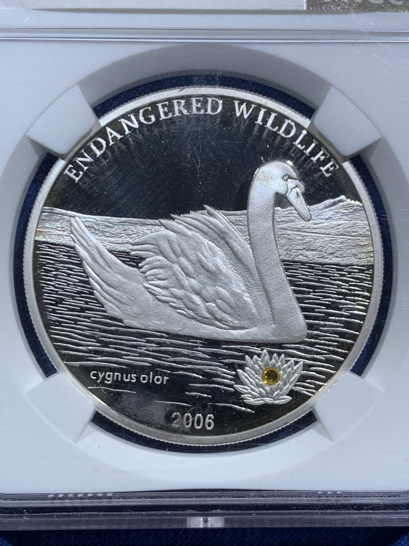 《竞宝斋》第466场 周日，周一 2场连拍 （全场包邮）欢迎送拍 NGC PF69UC 2006年蒙古濒危野生动物系列—天鹅，“镶嵌黄水晶”镜面高浮雕精制银币，500图格里克，925银，25克，冠军分，2500枚发行量，细节见图。