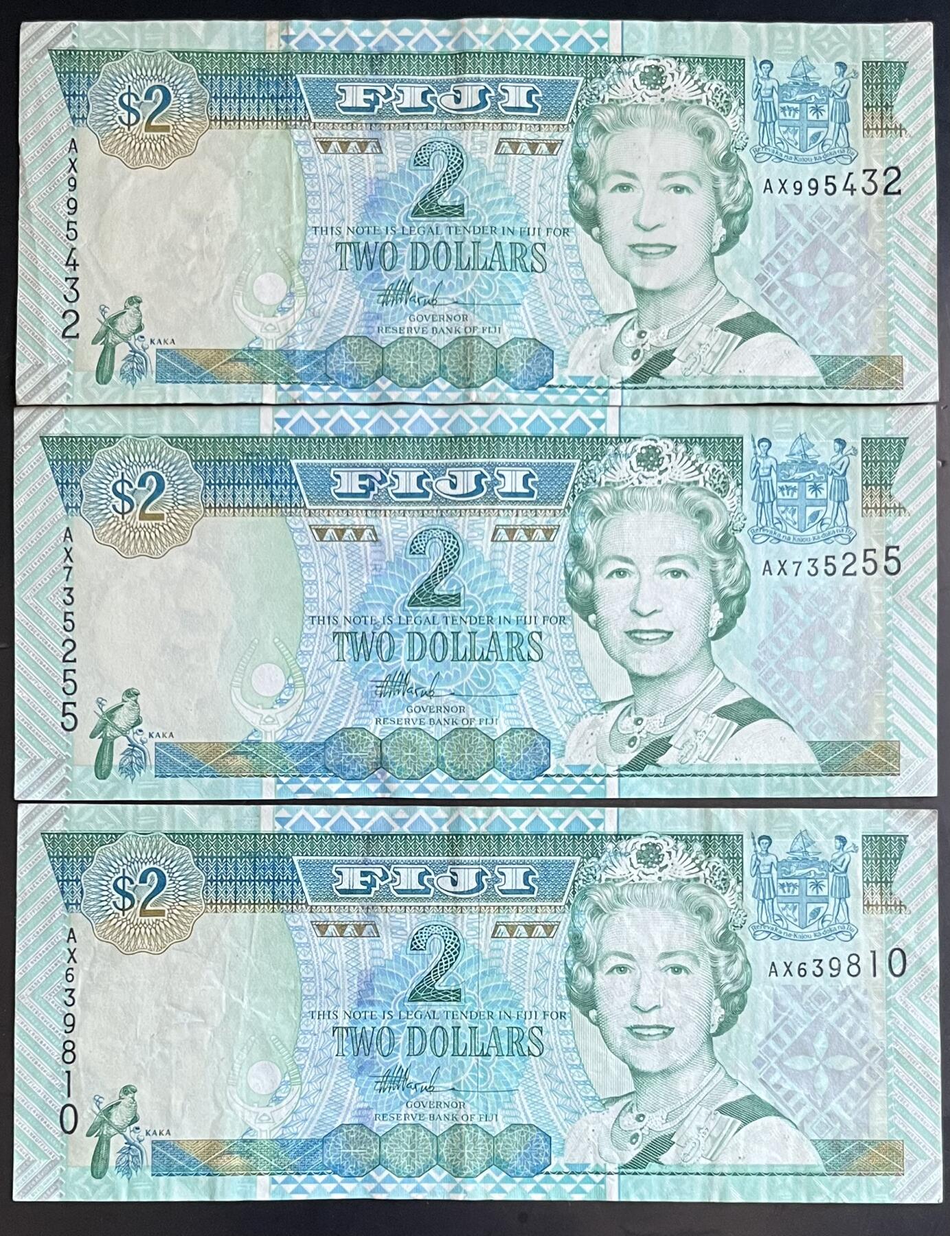 小福收藏拍卖第201期 流通品相裸钞 特惠场 本场拍卖美洲大洋洲非洲亚洲纸币【佣金仅收2% 不设最低佣金 全场包邮】 斐济  2元 1组3张 