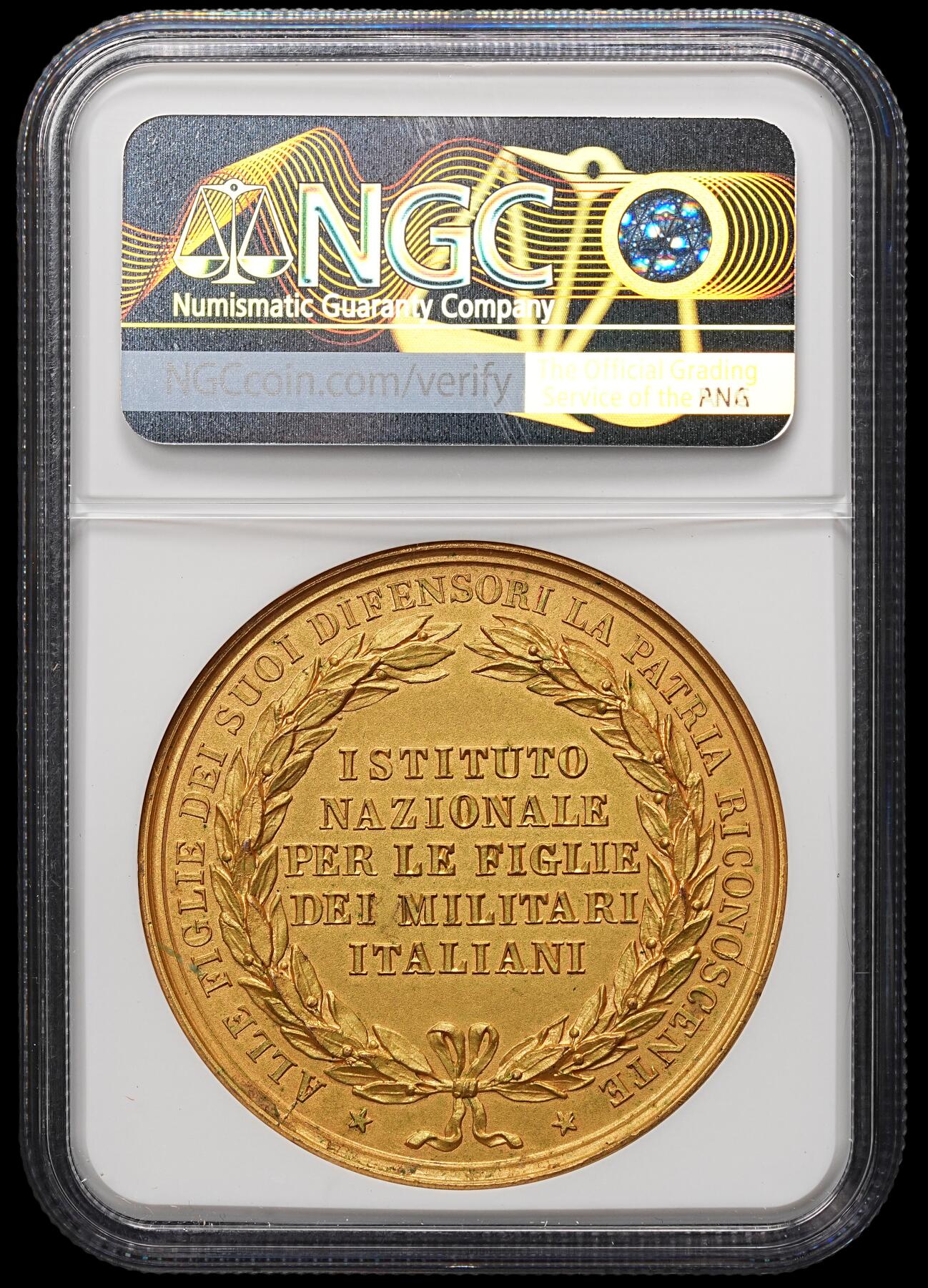 修遠堂世界钱币第106期，请看参拍说明 NGC MS64 意大利国王维托里奥・埃马努埃莱二世（Vittorio Emanuele II，1861–1878 年在位）时期鎏金铜章