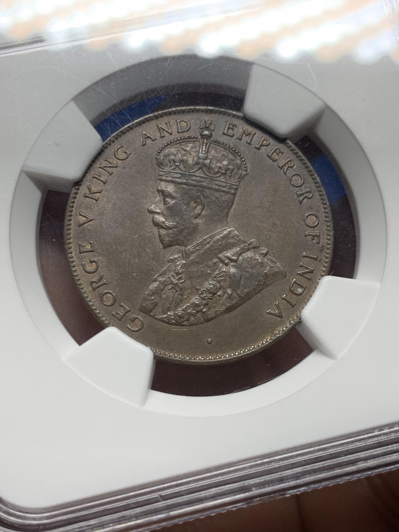 《竞宝斋》第466场 周日，周一 2场连拍 （全场包邮）欢迎送拍 NGC MS62BN 毛里求斯 1924年 乔五 5分铜币