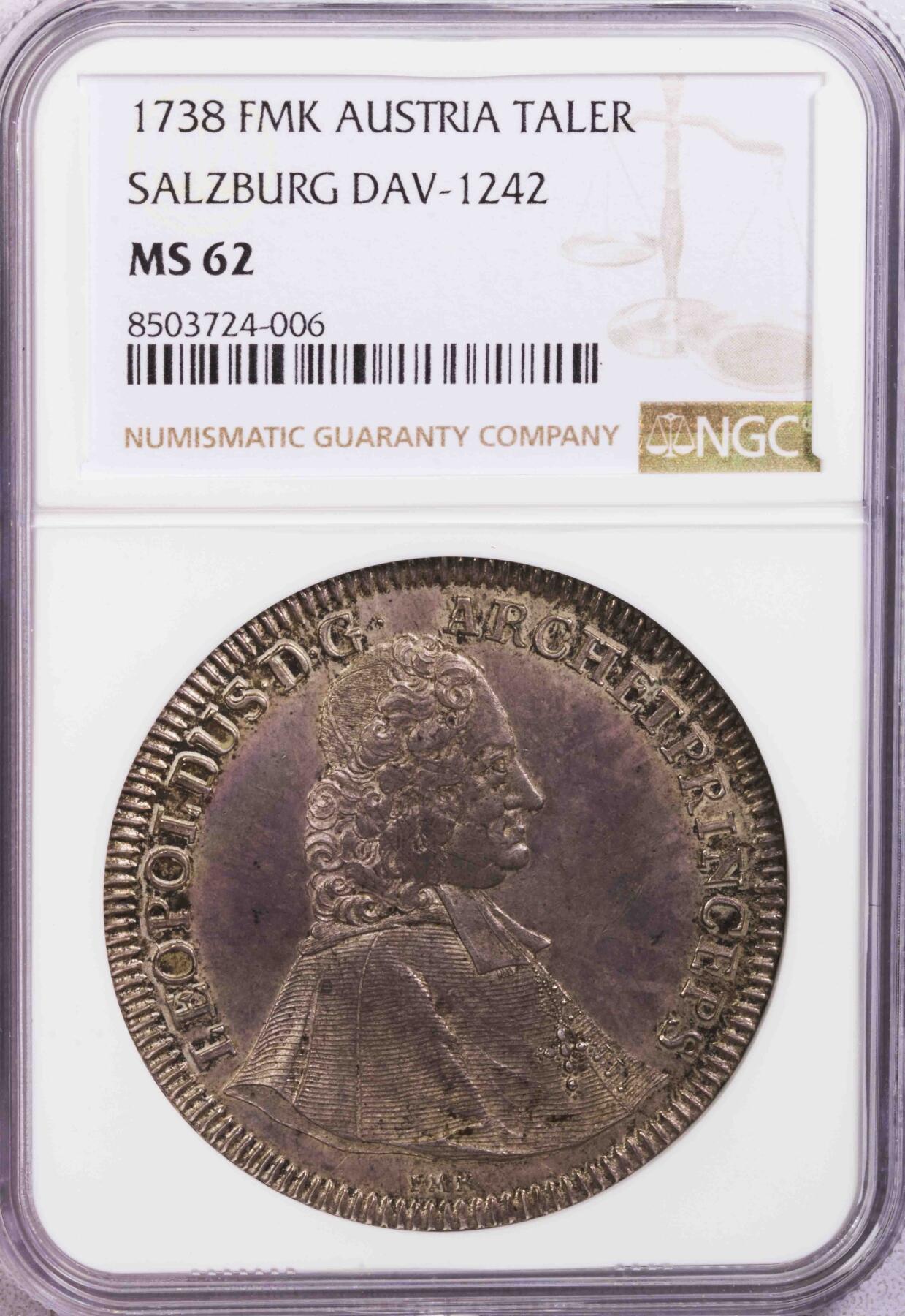 NGC-MS62 1738萨尔茨堡大主教泰勒大银币 稀有品种