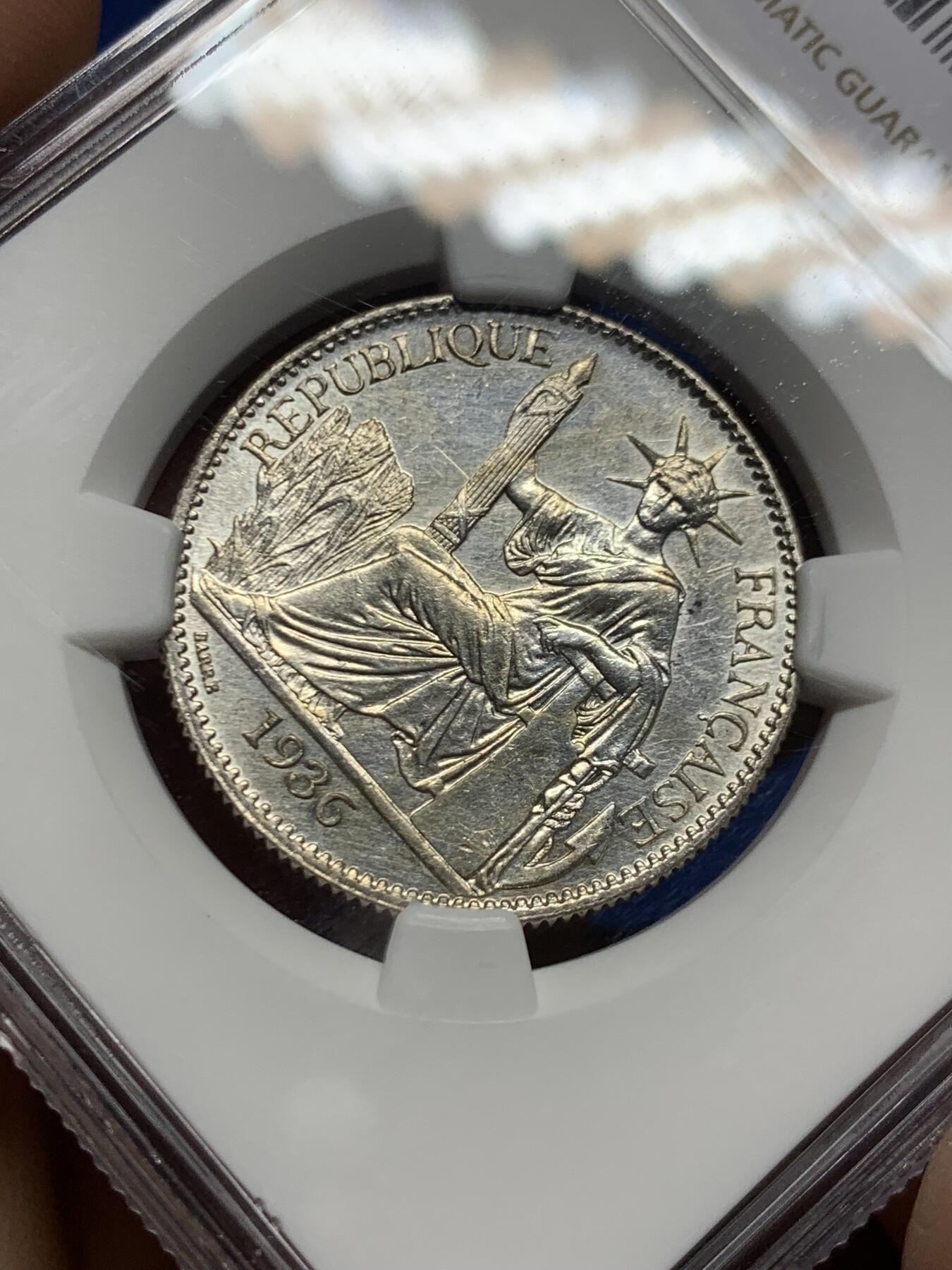 《竞宝斋》第466场 周日，周一 2场连拍 （全场包邮）欢迎送拍 NGC UNCD 法属印支1936年坐洋50分银币