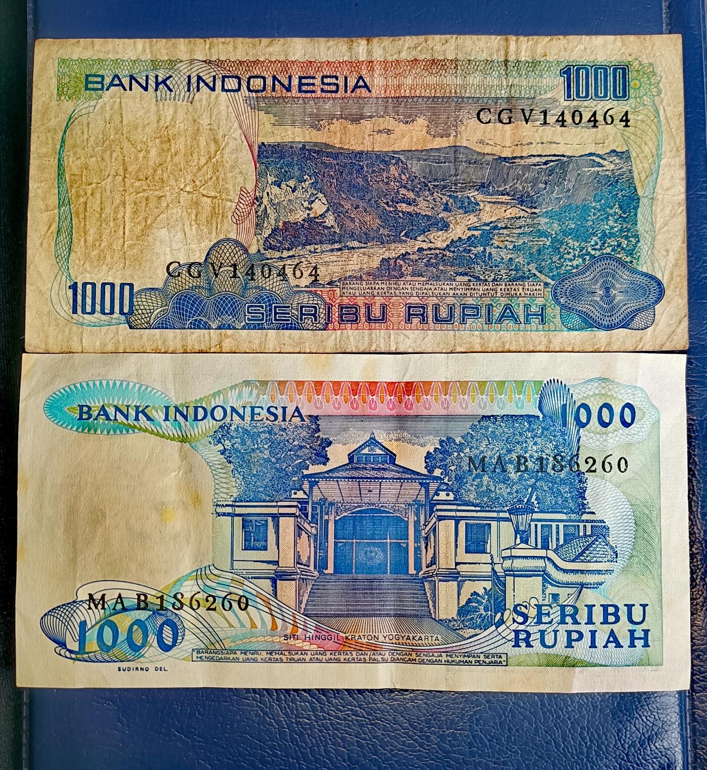 印度尼西亚1980年1000卢比、1987年1000卢比纸币2枚一组