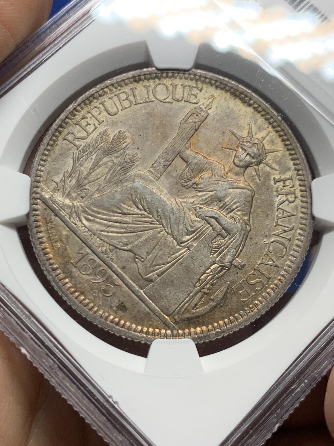 《竞宝斋》第466场 周日，周一 2场连拍 （全场包邮）欢迎送拍 NGC UNCD 法属印支1895A坐洋1皮亚斯特银币