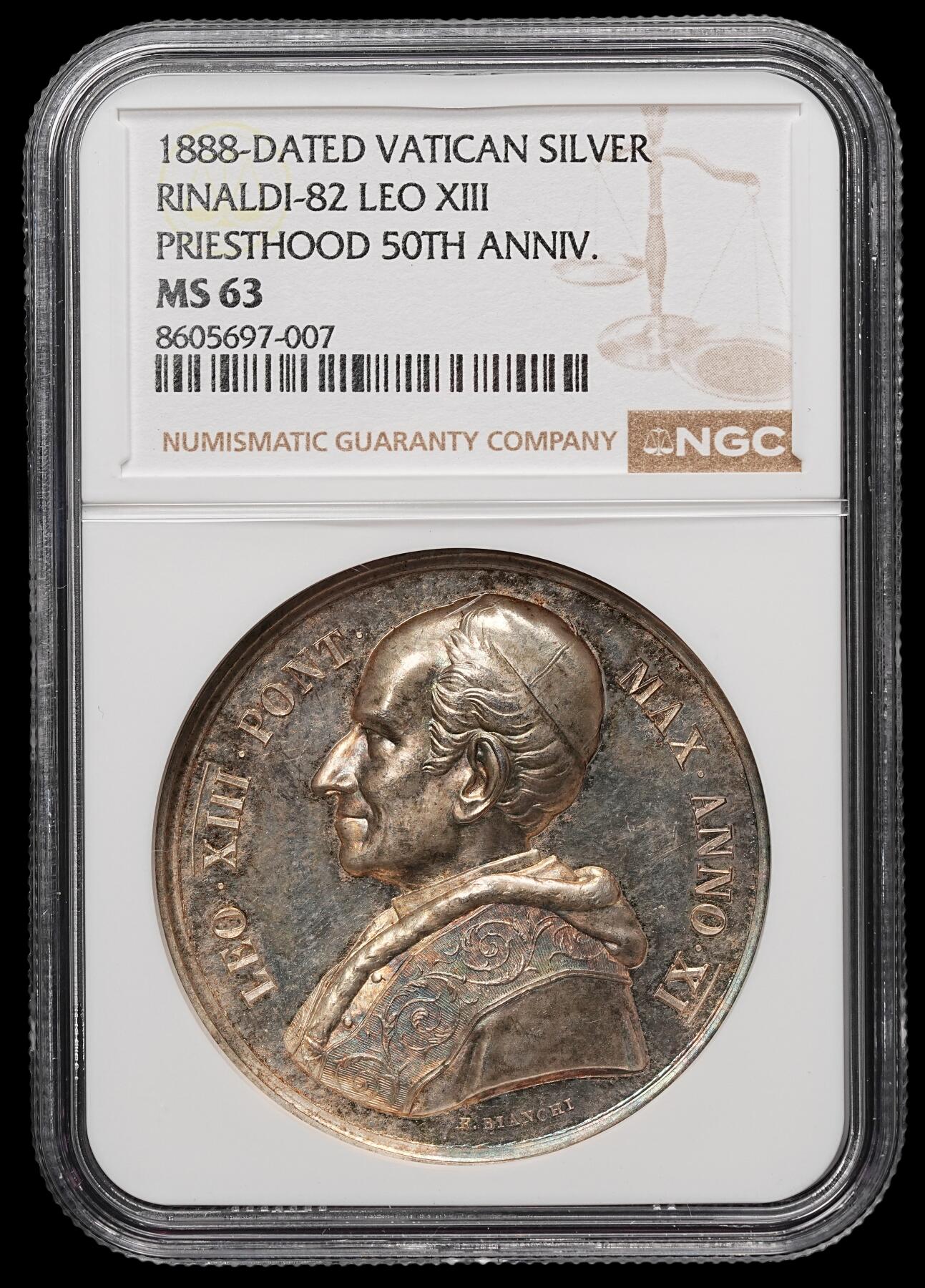 修遠堂世界钱币第106期，请看参拍说明 NGC MS63-纪念教皇利奥十三世晋铎（成为神父）50周年大银章