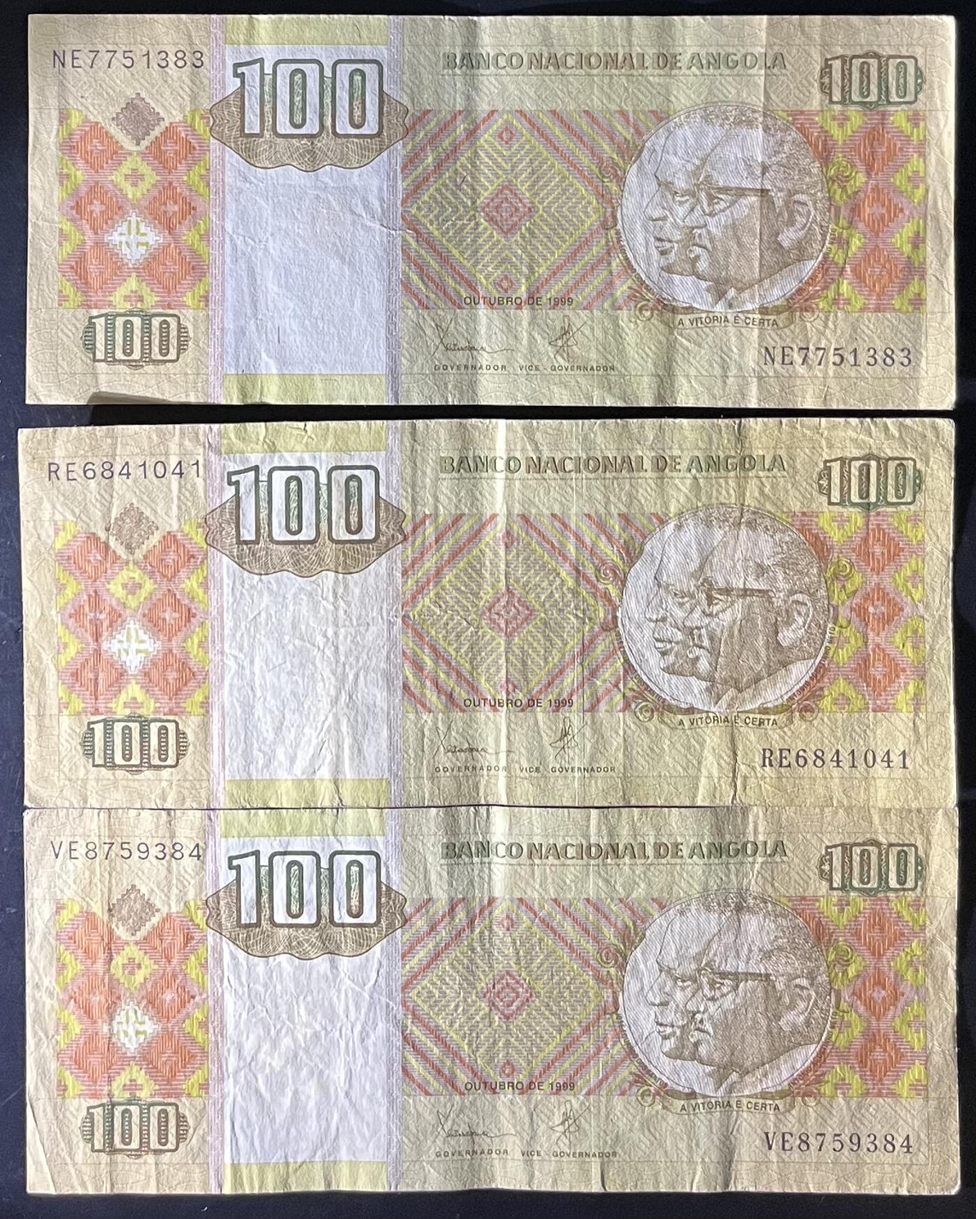 小福收藏拍卖第201期 流通品相裸钞 特惠场 本场拍卖美洲大洋洲非洲亚洲纸币【佣金仅收2% 不设最低佣金 全场包邮】 安哥拉 1999年 100宽扎 1组3张 