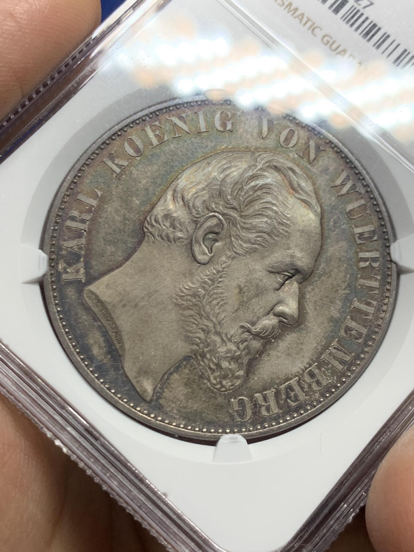 《竞宝斋》第466场 周日，周一 2场连拍 （全场包邮）欢迎送拍 NGC PF62 德国 精制符腾堡王国1869年乌尔姆大教堂2泰勒银币，正面帶五彩包浆，1869年比1871年的少,僅發行1776枚