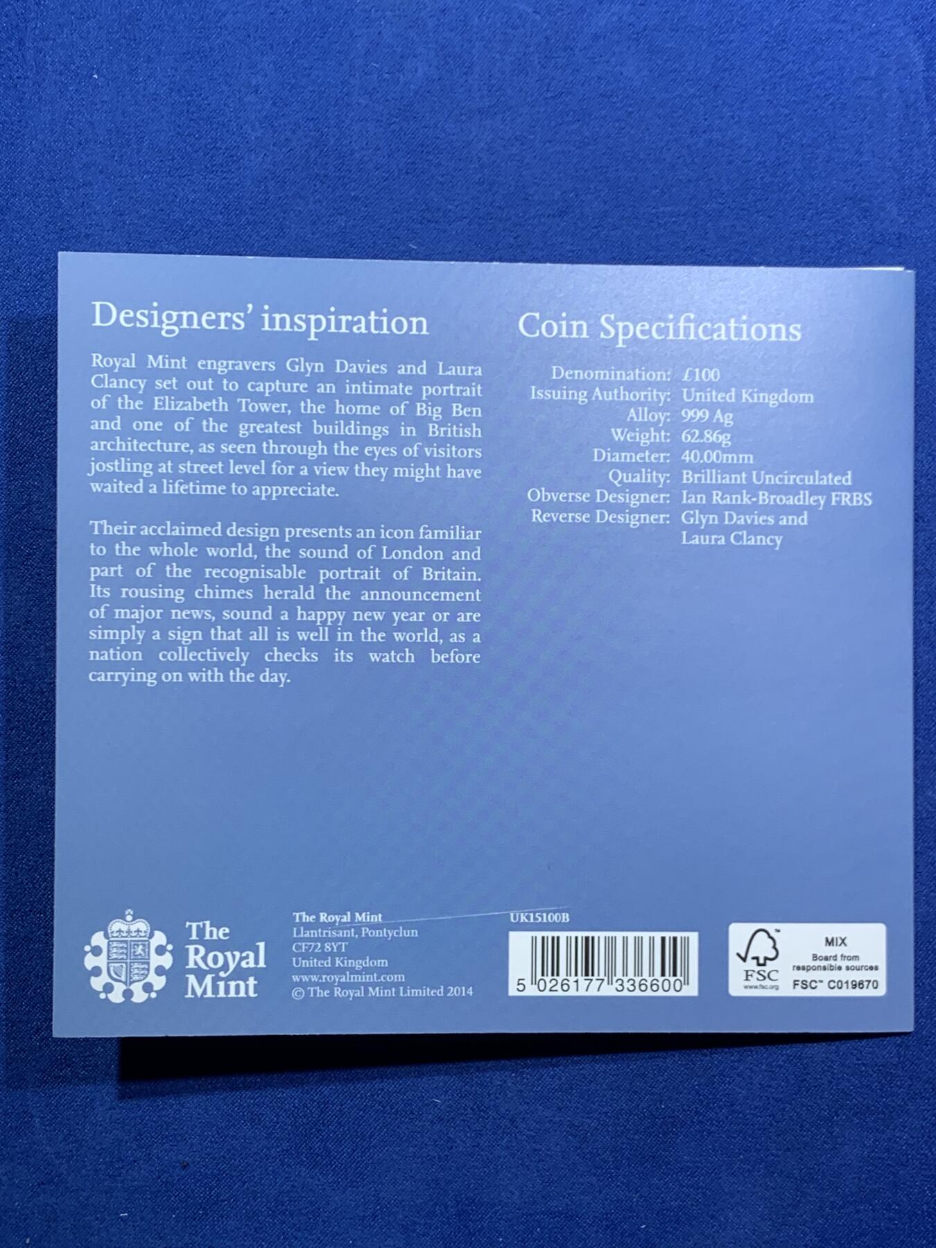 《竞宝斋》第466场 周日，周一 2场连拍 （全场包邮）欢迎送拍 英国2015年大笨钟100英镑银币，2盎司，999银，卡装