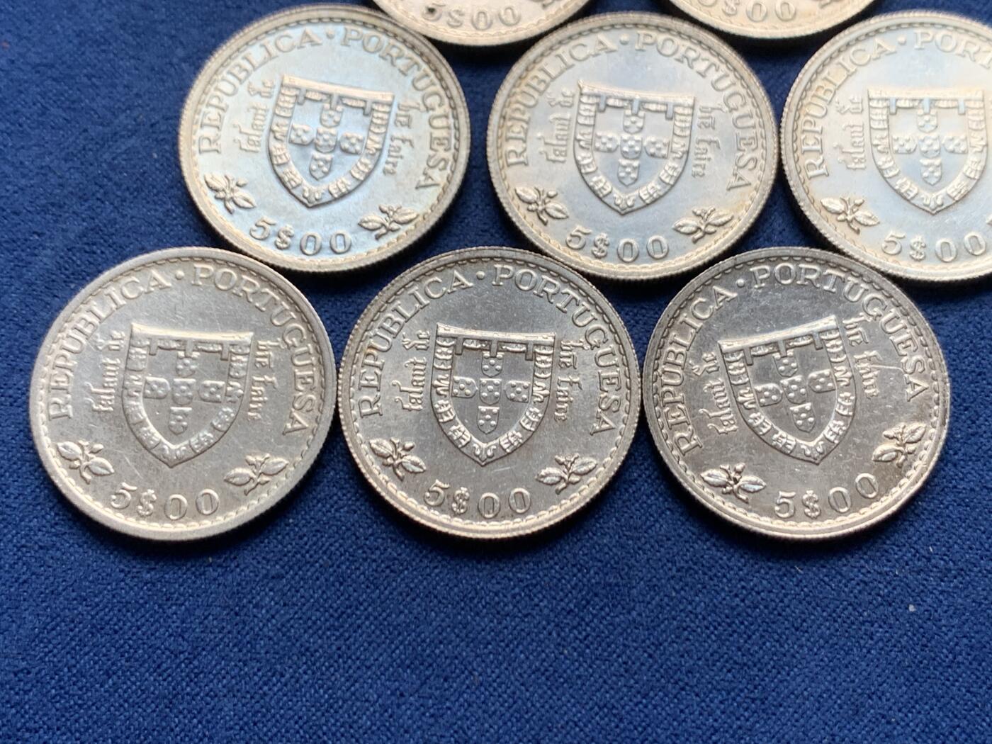 《竞宝斋》第466场 周日，周一 2场连拍 （全场包邮）欢迎送拍 八枚一组 葡萄牙1960年亨利王子逝世500周年5埃斯库多银币 总重56.3g 650银