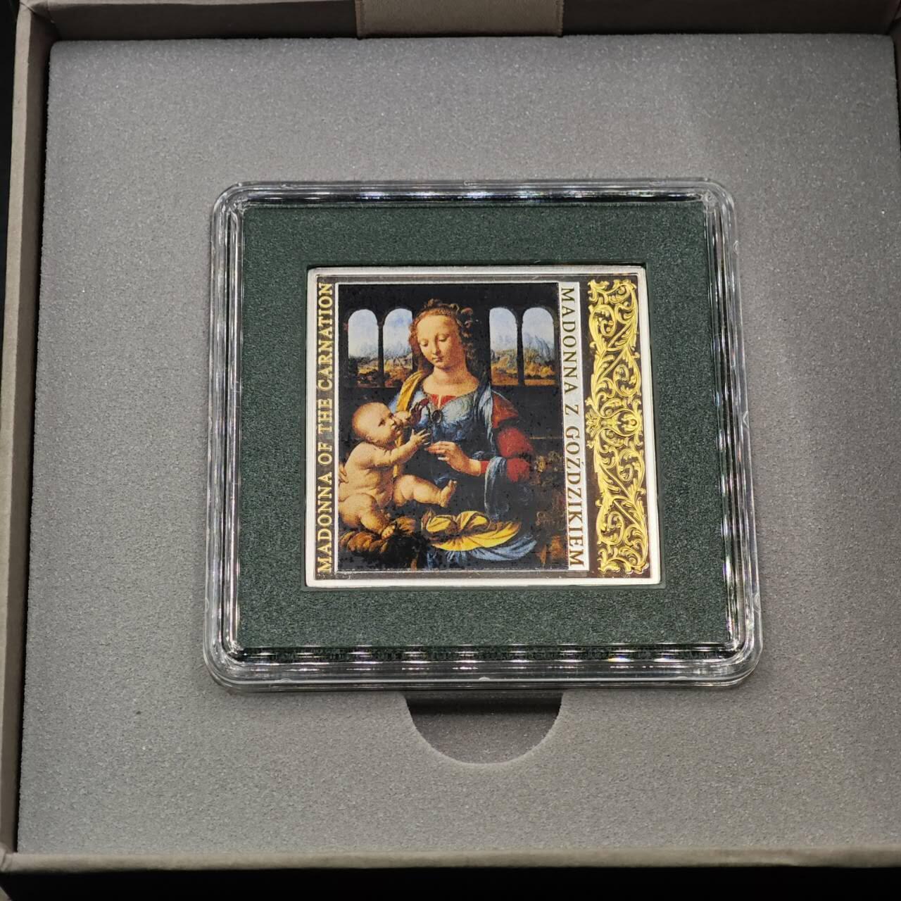 【淘币小摊】实时拍第八百七十三拍   银币套币场    每周一统一发货 纽埃2014年1元彩色部分镀金方形精制银币 文艺复兴名画系列-康乃馨的圣母（达芬奇） 28.28克999银 发行量：1999 盒证全