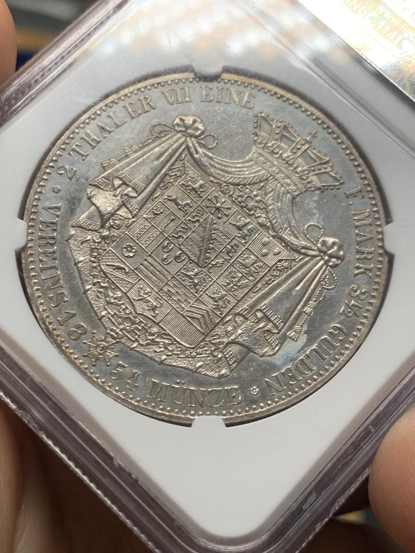 《竞宝斋》第466场 周日，周一 2场连拍 （全场包邮）欢迎送拍 NGC MS62 德国 1854年 萨克森-科堡-哥达公国  欧内斯特二世 2泰勒大银币 值得收藏