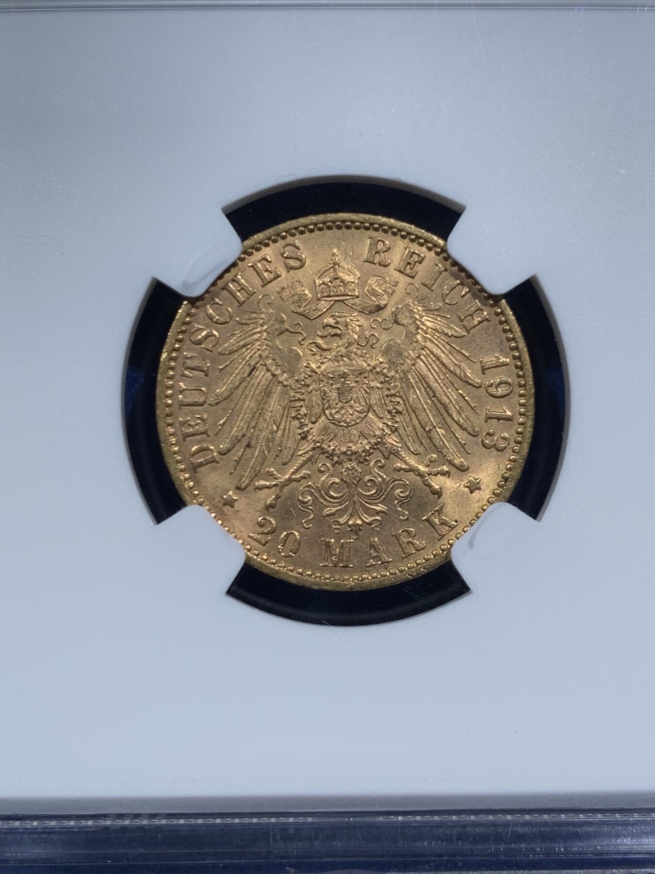 《竞宝斋》第466场 周日，周一 2场连拍 （全场包邮）欢迎送拍 NGC MS64 德国汉堡 1913年 20马克 金币 900金 7.96克 好品相 热门品种持续上涨