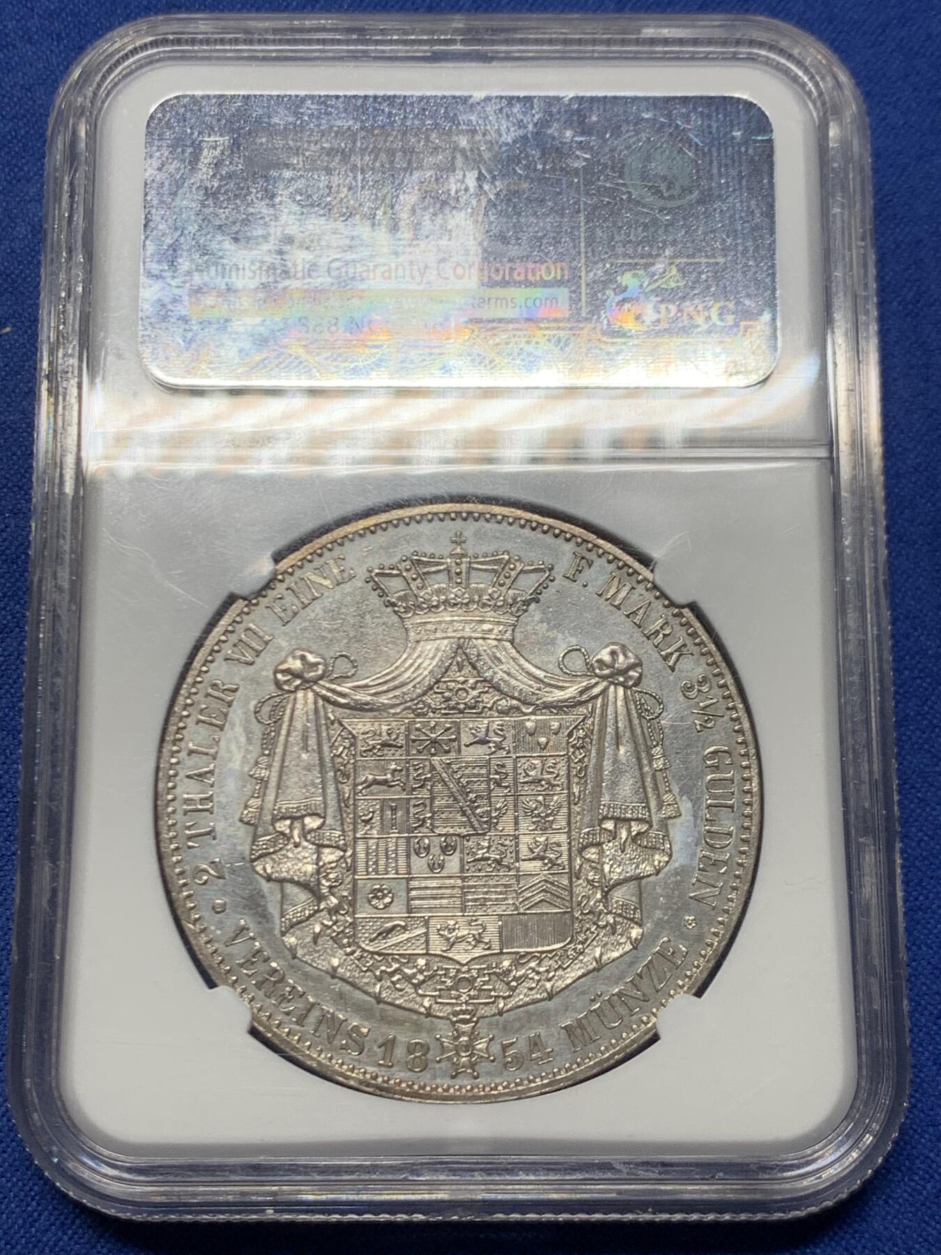 《竞宝斋》第466场 周日，周一 2场连拍 （全场包邮）欢迎送拍 NGC MS62 德国 1854年 萨克森-科堡-哥达公国  欧内斯特二世 2泰勒大银币 值得收藏