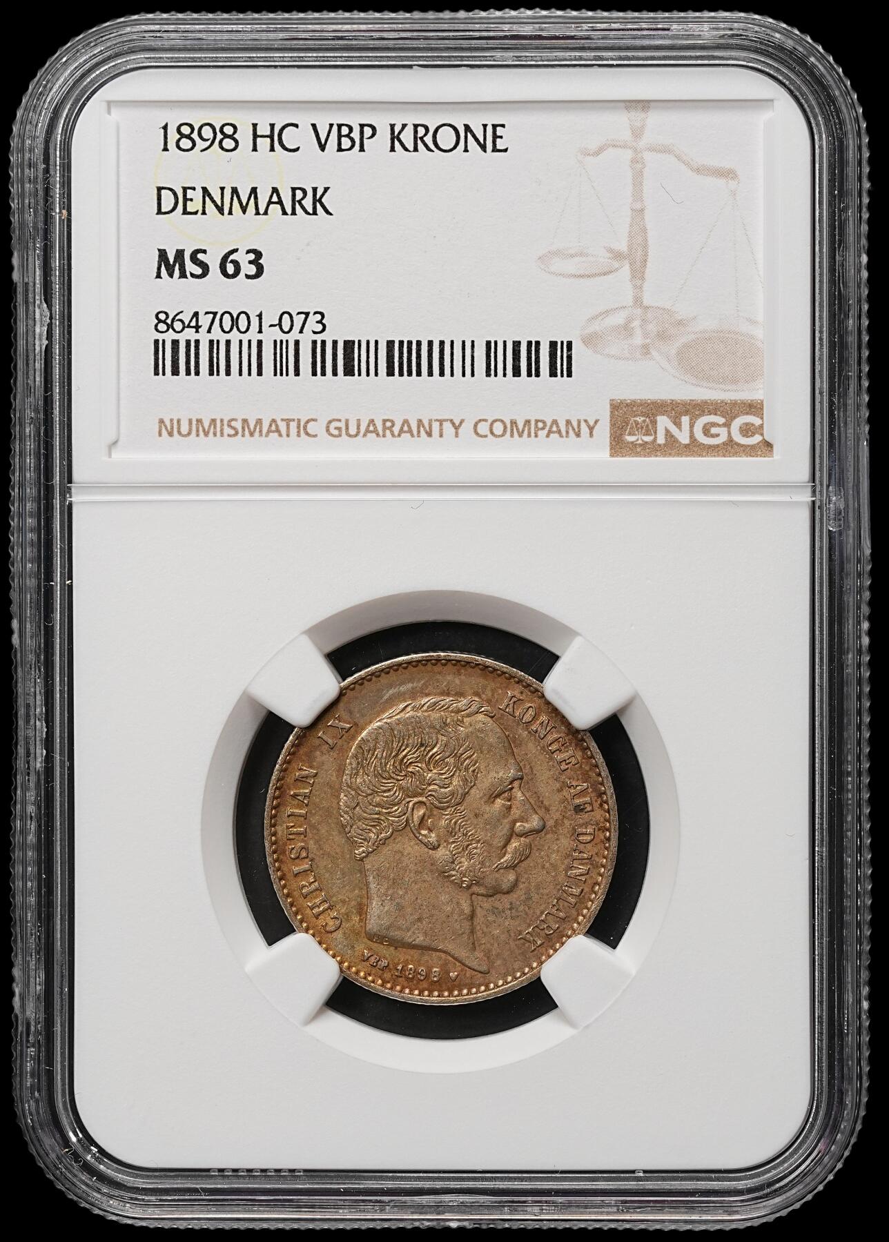 修遠堂世界钱币第106期，请看参拍说明 NGC MS63 1898年丹麦海豚1克朗银币，稀少的早期年份，充分流通品种，MS有分难