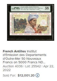 【Blue Auction】世界纸币精拍第789期——18级TOP拍卖/信誉/品质/专业/高效💫 【唯一带星 顶级高分 传说级捧果篮】法属安的列斯 第一套纸币最高值 1961年50新法郎 PMG67EPQ星星 色彩丰富奢华 绚烂而富有激情 在众多法属风格的作品中能够迅速脱颖而出 大票幅凹印 罗伯特•普热翁设计 法属纸币最漂亮的版本之一备受追捧 实钞没有全新存世（该张纸币没有打孔和加盖样钞字样不影响欣赏非常罕见 严格来说应该是唯一的p-3p而不是p-3s）