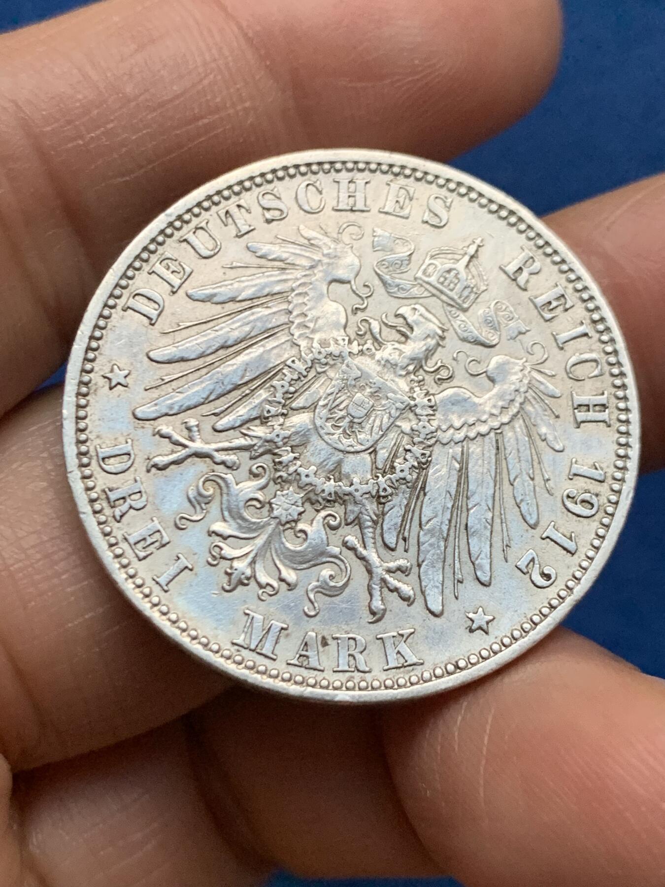 《竞宝斋》第466场 周日，周一 2场连拍 （全场包邮）欢迎送拍 德意志1912年巴伐利亚大公奥托3马克银币，16.6克，900银