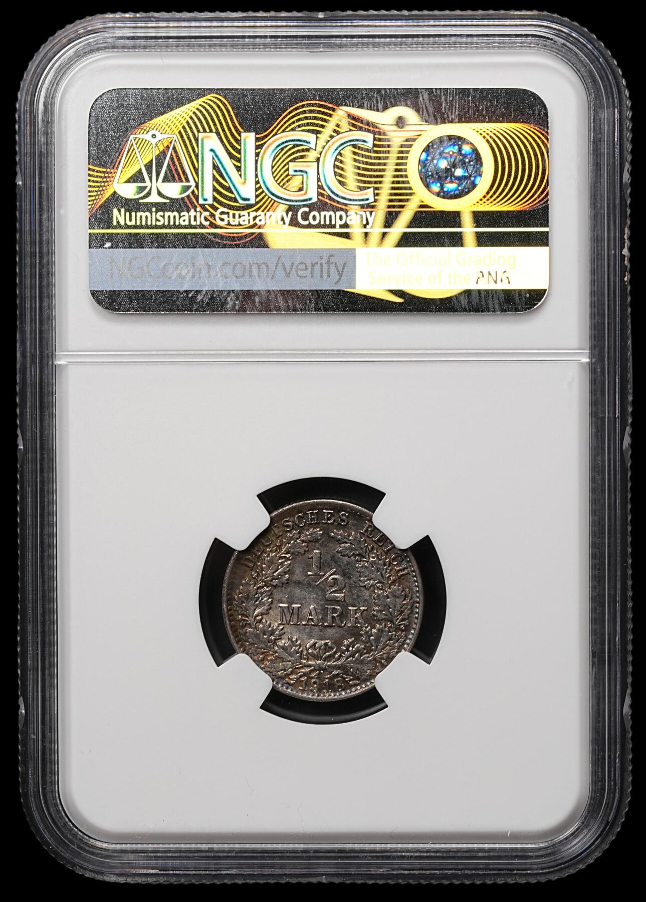 修遠堂世界钱币第106期，请看参拍说明 NGC MS63 1918年德国1/2马克银币 A厂铭