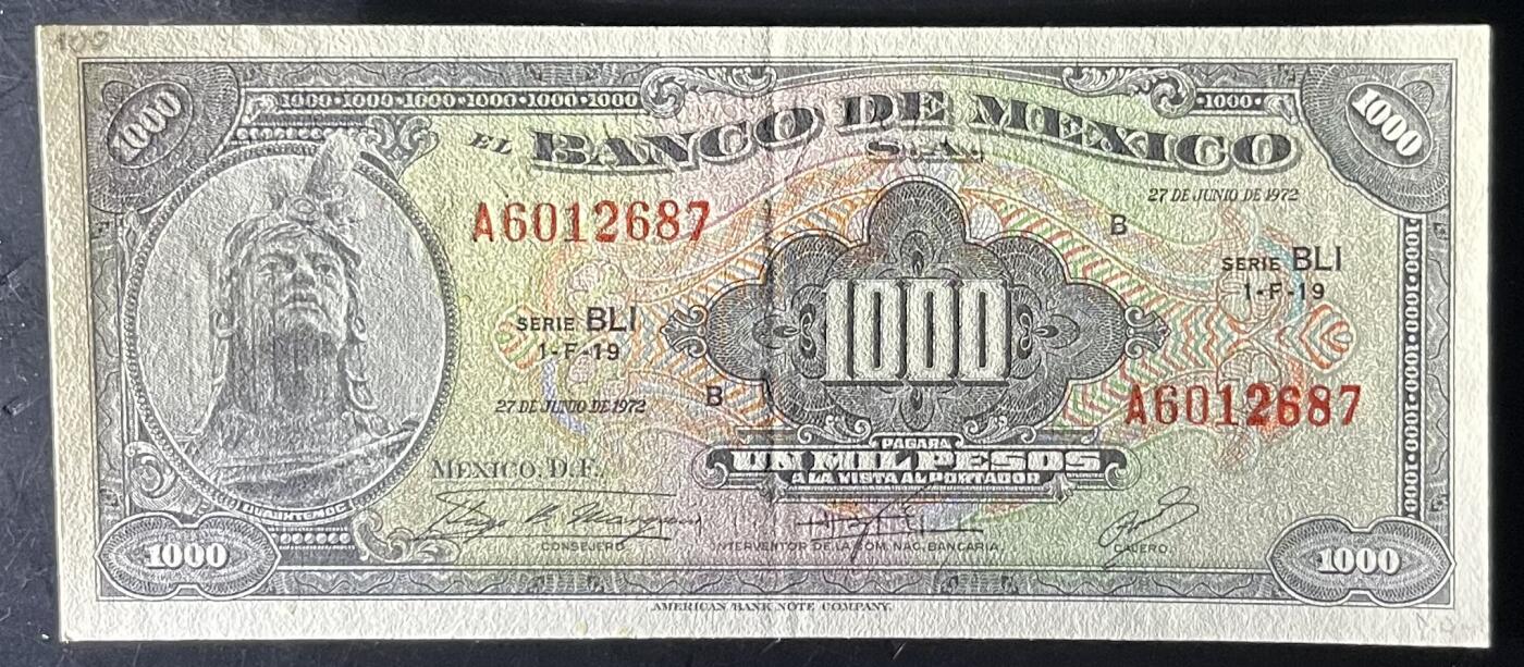小福收藏拍卖第201期 流通品相裸钞 特惠场 本场拍卖美洲大洋洲非洲亚洲纸币【佣金仅收2% 不设最低佣金 全场包邮】 墨西哥 1972年 1000比索 AUNC