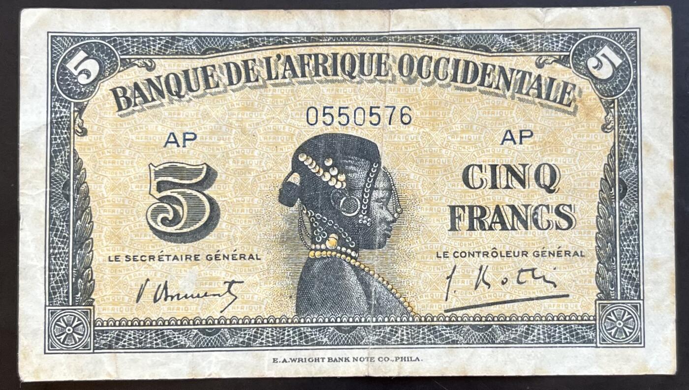 小福收藏拍卖第201期 流通品相裸钞 特惠场 本场拍卖美洲大洋洲非洲亚洲纸币【佣金仅收2% 不设最低佣金 全场包邮】 法属西非 1942年 5法郎 少见 