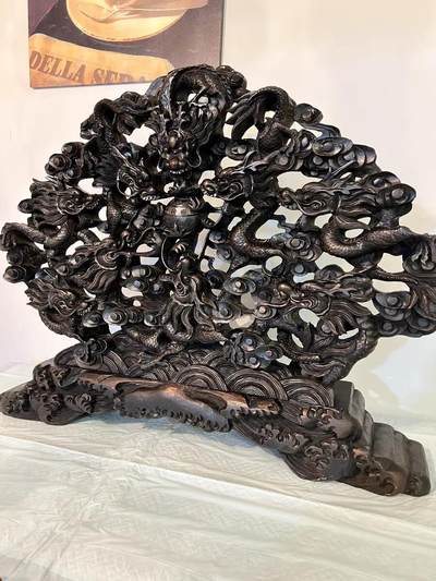 欧洲铜章和回流杂项第一场 - 日本回流 精雕九龙追日摆件，九龙木雕，手工雕刻，细节丰富，尺寸见图