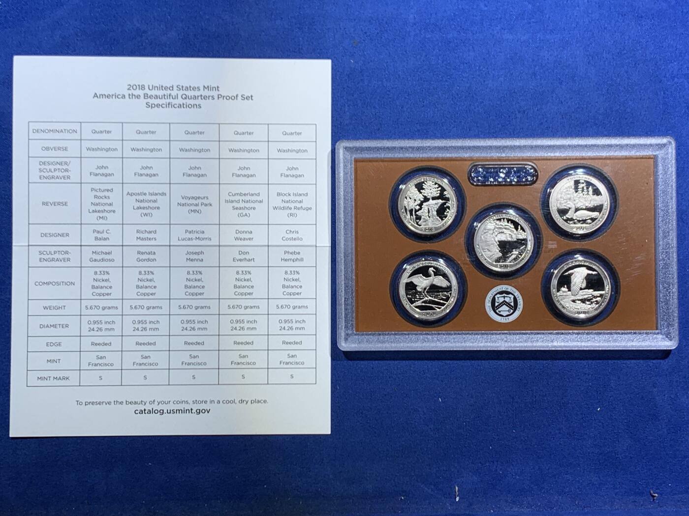 《竞宝斋》第466场 周日，周一 2场连拍 （全场包邮）欢迎送拍 美国2018年华盛顿头像25分五枚装精制币 带证书