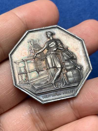 《竞宝斋》第466场 周日，周一 2场连拍 （全场包邮）欢迎送拍 - 法国1867年塞纳河防盗互助保险协会八角银质代币，18.7g，35.5mm，蜜蜂边铭