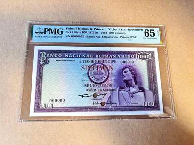 【Blue Auction】世界纸币精拍第789期——18级TOP拍卖/信誉/品质/专业/高效💫 - 【CTS紫色版试色样票 亚军分 IBNS成员Laurence Pope 旧藏】圣多美和普林西比 1964年1000埃斯库多 BWC出品雕刻精美 PMG65EPQ 正面人物系圣多美和普林西比以及安诺本岛发现者航海家葡萄牙人若昂·德·桑塔拉 背面经典的美女远眺舰队的场景