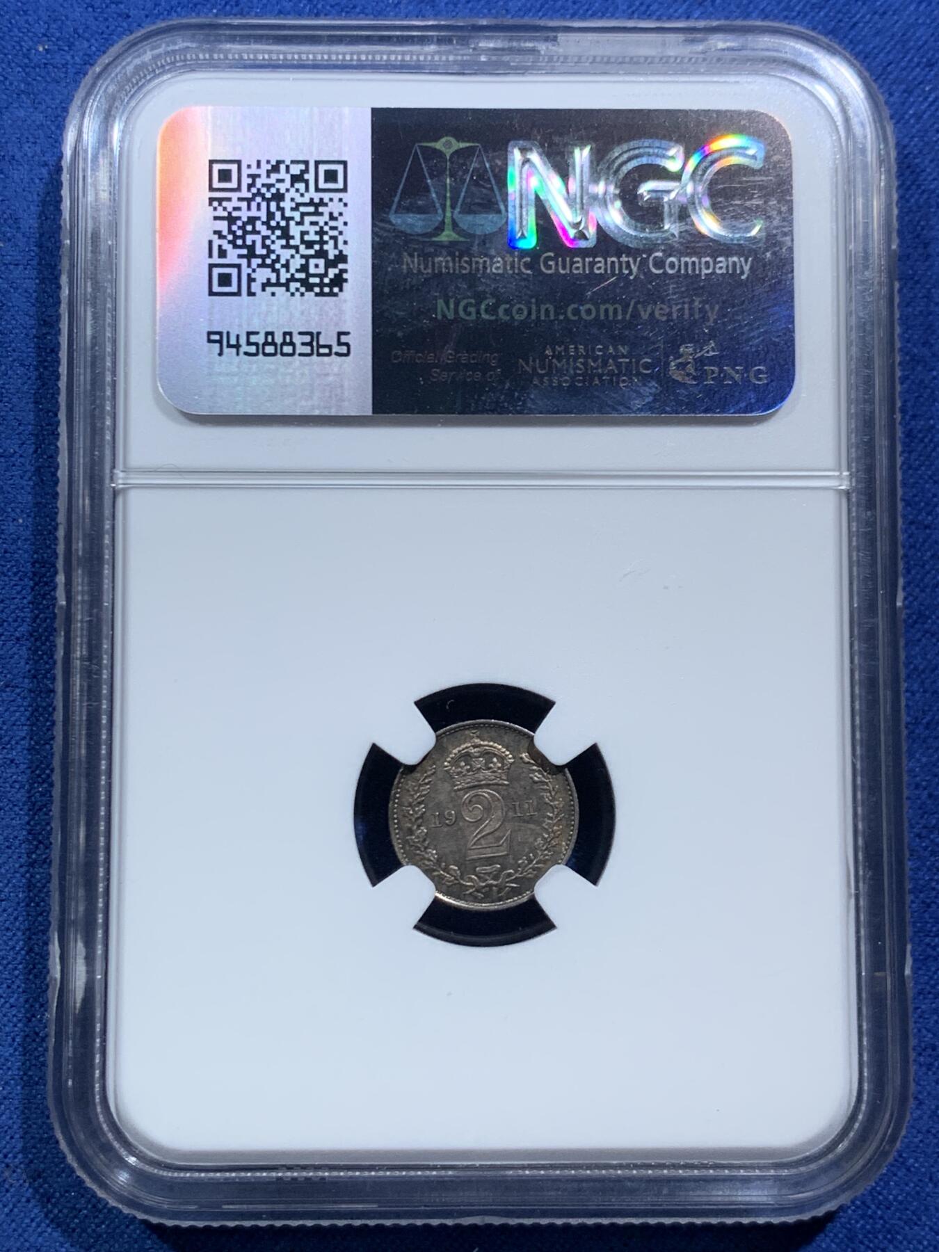 《竞宝斋》第466场 周日，周一 2场连拍 （全场包邮）欢迎送拍 四枚一组 NGC MS62-64 英国1911年乔治五世濯足币1-4便士银币 包浆舒服 评级数量比同年份精制币少很多