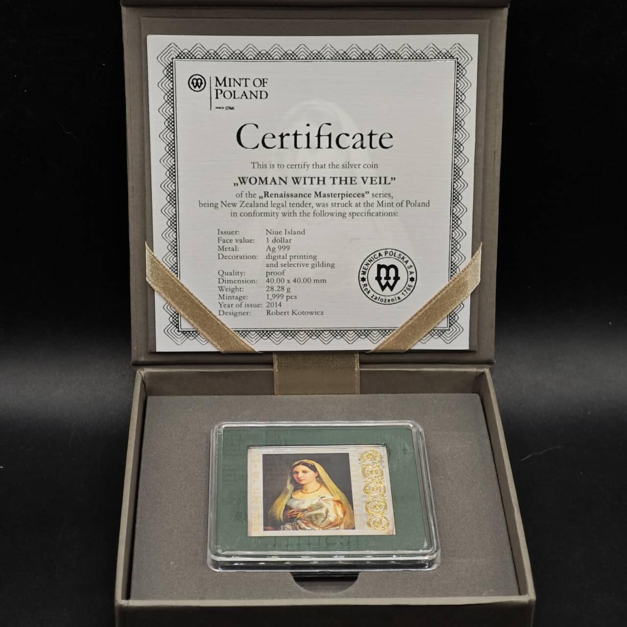 【淘币小摊】实时拍第八百七十三拍   银币套币场    每周一统一发货 纽埃2014年1元彩色部分镀金方形精制银币 文艺复兴名画系列-披纱巾的少女（拉斐尔） 28.28克999银 发行量：1999 盒证全