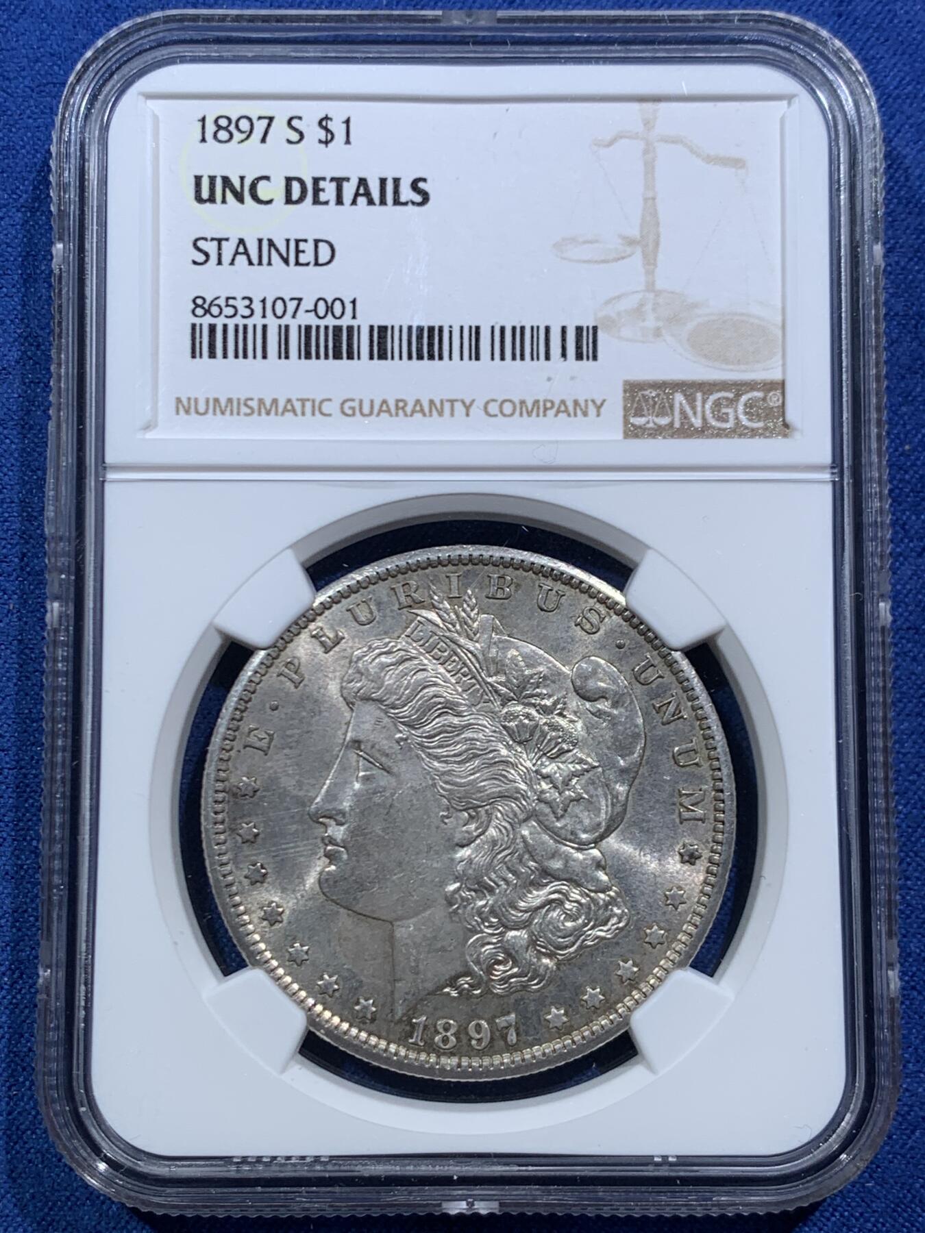 《竞宝斋》第466场 周日，周一 2场连拍 （全场包邮）欢迎送拍 NGC UNCD 美国1897年摩根1美元银币