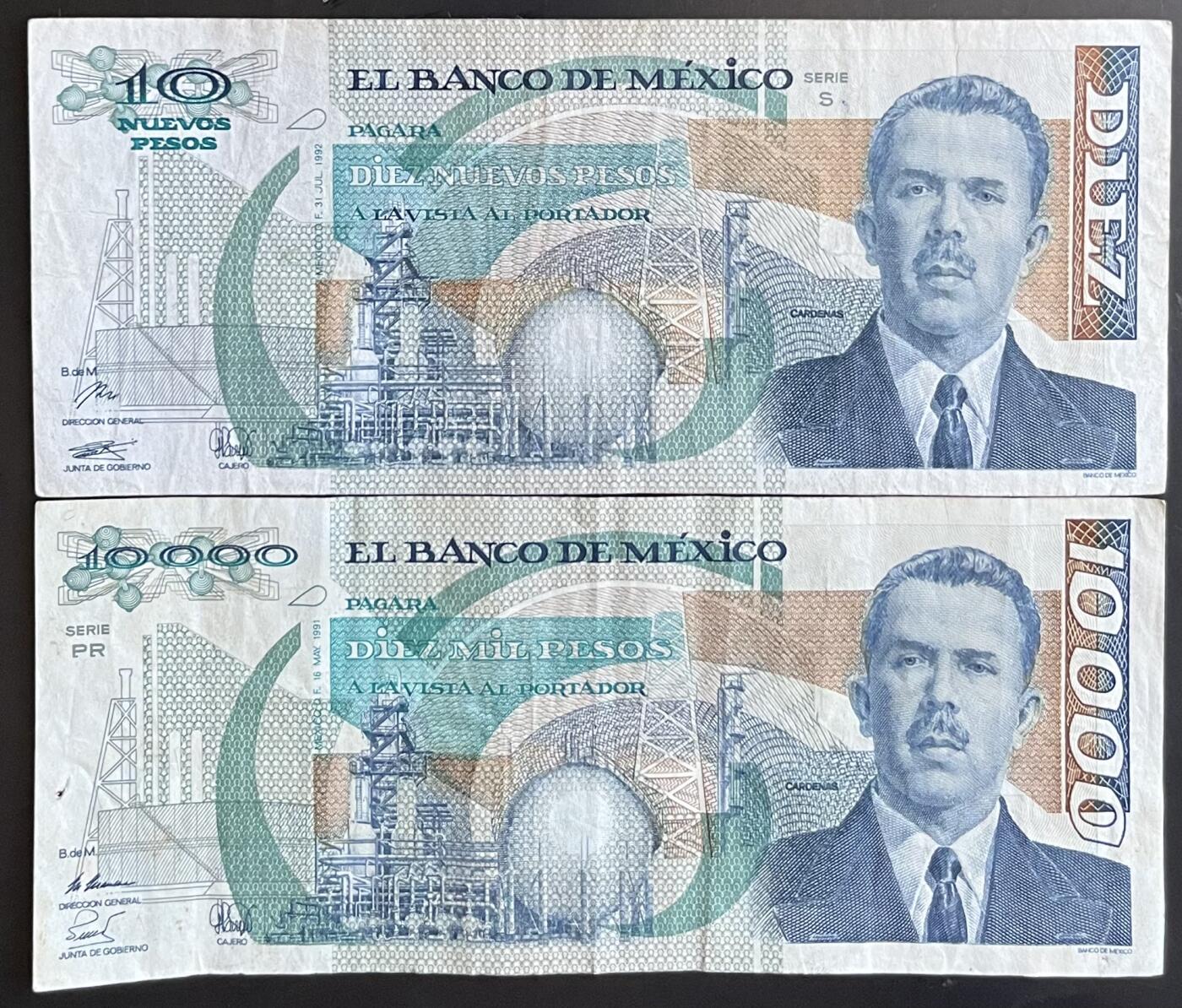 小福收藏拍卖第201期 流通品相裸钞 特惠场 本场拍卖美洲大洋洲非洲亚洲纸币【佣金仅收2% 不设最低佣金 全场包邮】 墨西哥 1991年 10000比索+1992年 10比索 1组2张 