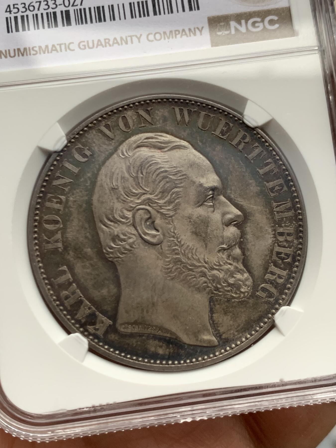 《竞宝斋》第466场 周日，周一 2场连拍 （全场包邮）欢迎送拍 NGC PF62 德国 精制符腾堡王国1869年乌尔姆大教堂2泰勒银币，正面帶五彩包浆，1869年比1871年的少,僅發行1776枚