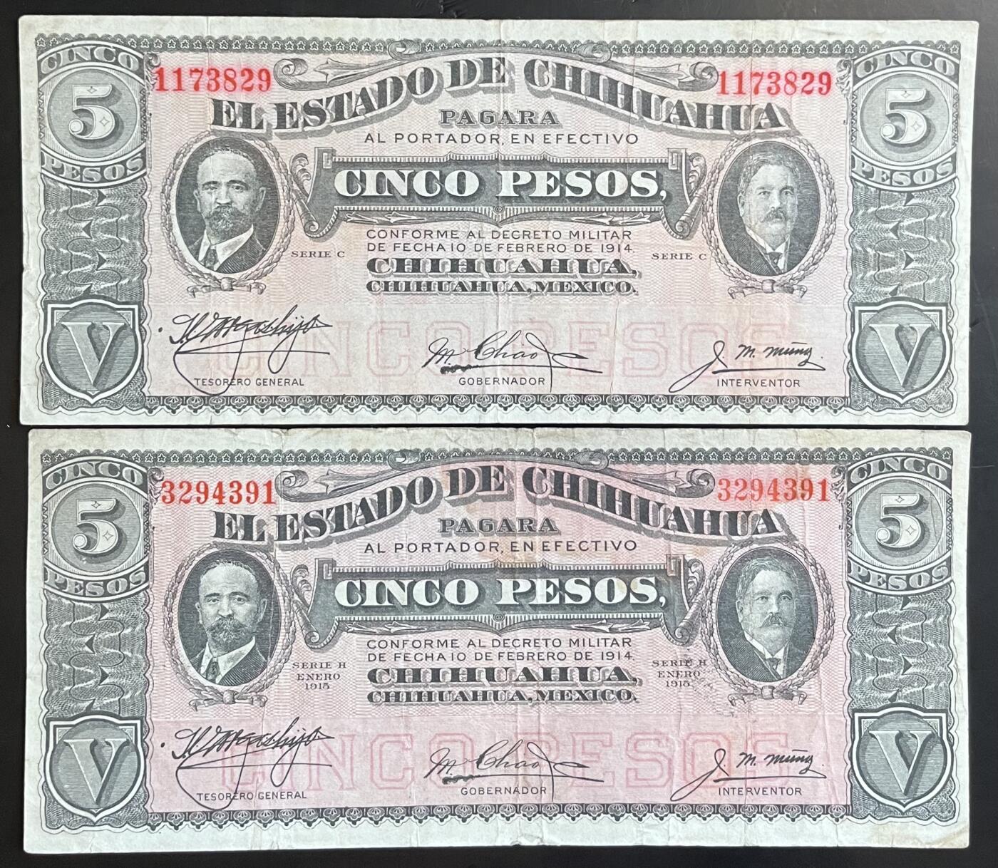 小福收藏拍卖第201期 流通品相裸钞 特惠场 本场拍卖美洲大洋洲非洲亚洲纸币【佣金仅收2% 不设最低佣金 全场包邮】 墨西哥 1914+1915年 5比索 1组2张 