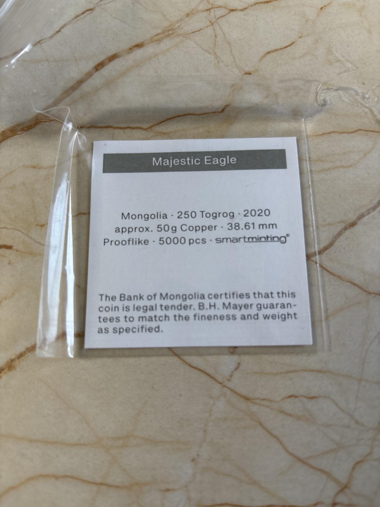 第192期拍卖 蒙古2020年雄鹰双面浮雕50克精制铜币NGC-PF70，50克，发行5000枚