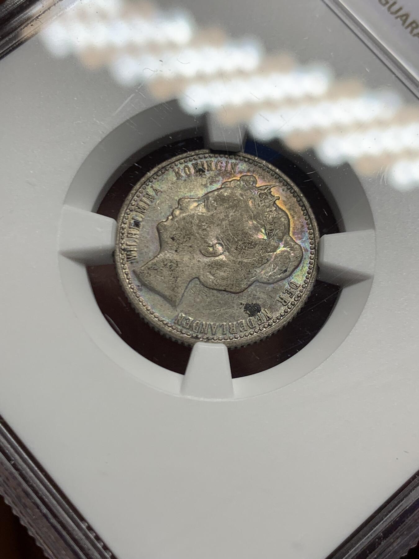 《竞宝斋》第466场 周日，周一 2场连拍 （全场包邮）欢迎送拍 NGC XFD 1906年荷兰25分银币 威廉明娜很经典的青年形象