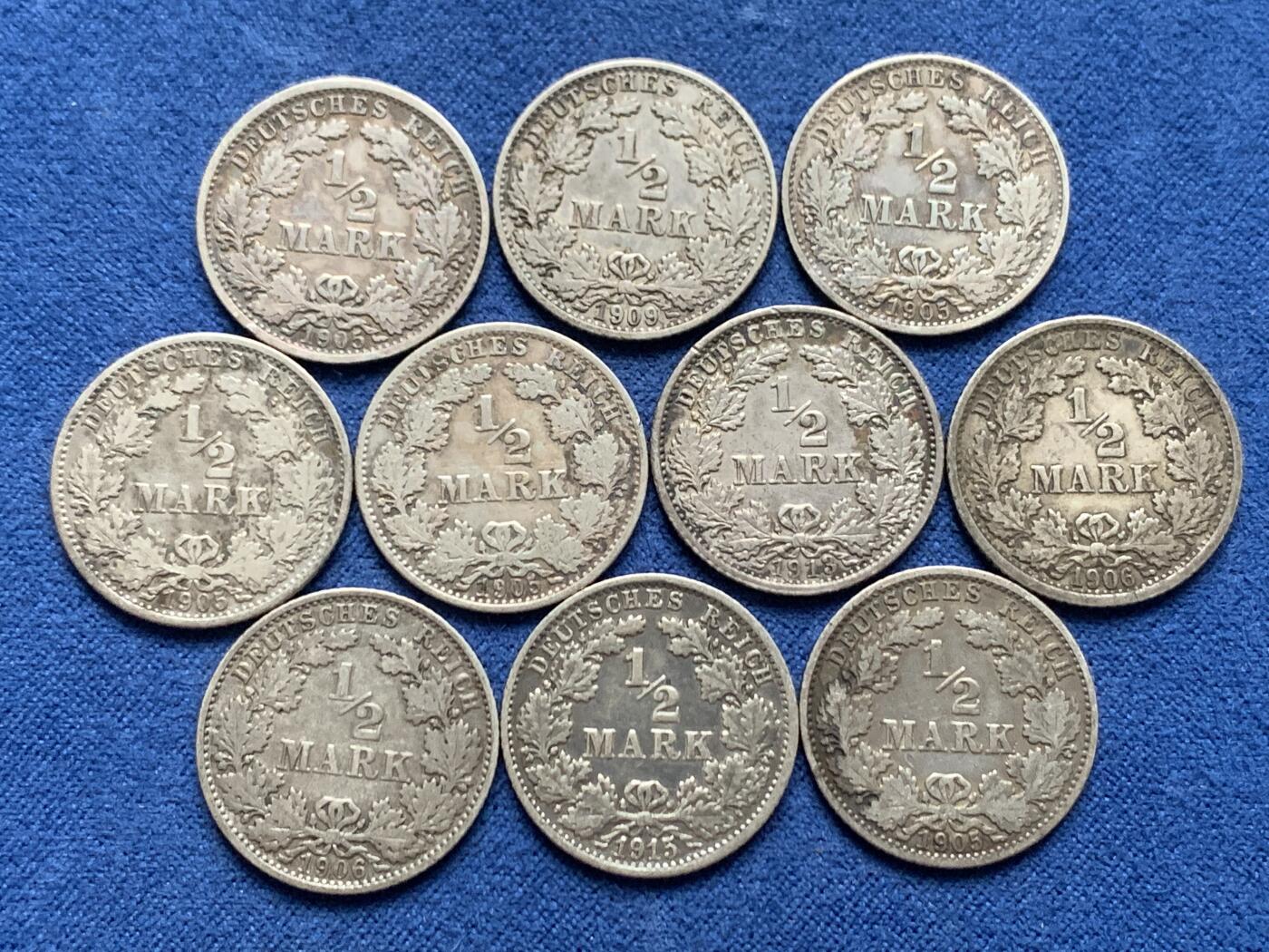 《竞宝斋》第466场 周日，周一 2场连拍 （全场包邮）欢迎送拍 10枚一组 德国1/2马克银币 总重27.32g 900银