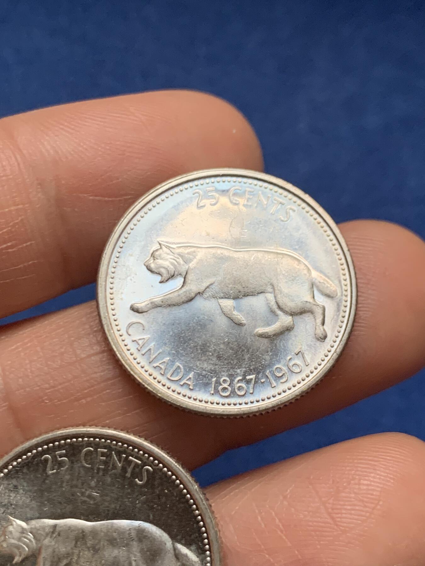 《竞宝斋》第466场 周日，周一 2场连拍 （全场包邮）欢迎送拍 两枚一组 加拿大1967年建国百年纪念25分银币 正面伊丽莎白二世女王 背面猞猁 总重11.9克