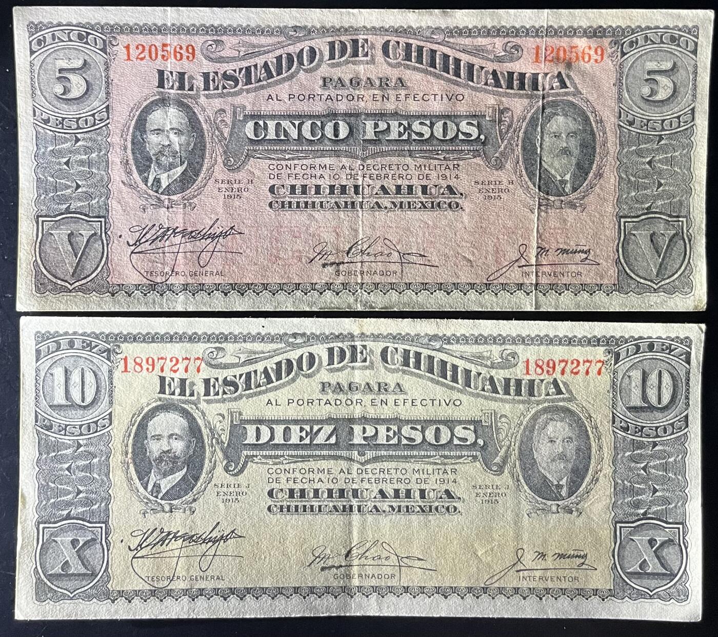 小福收藏拍卖第201期 流通品相裸钞 特惠场 本场拍卖美洲大洋洲非洲亚洲纸币【佣金仅收2% 不设最低佣金 全场包邮】 墨西哥 1915年 5+10比索 1组2张 XF-AUNC