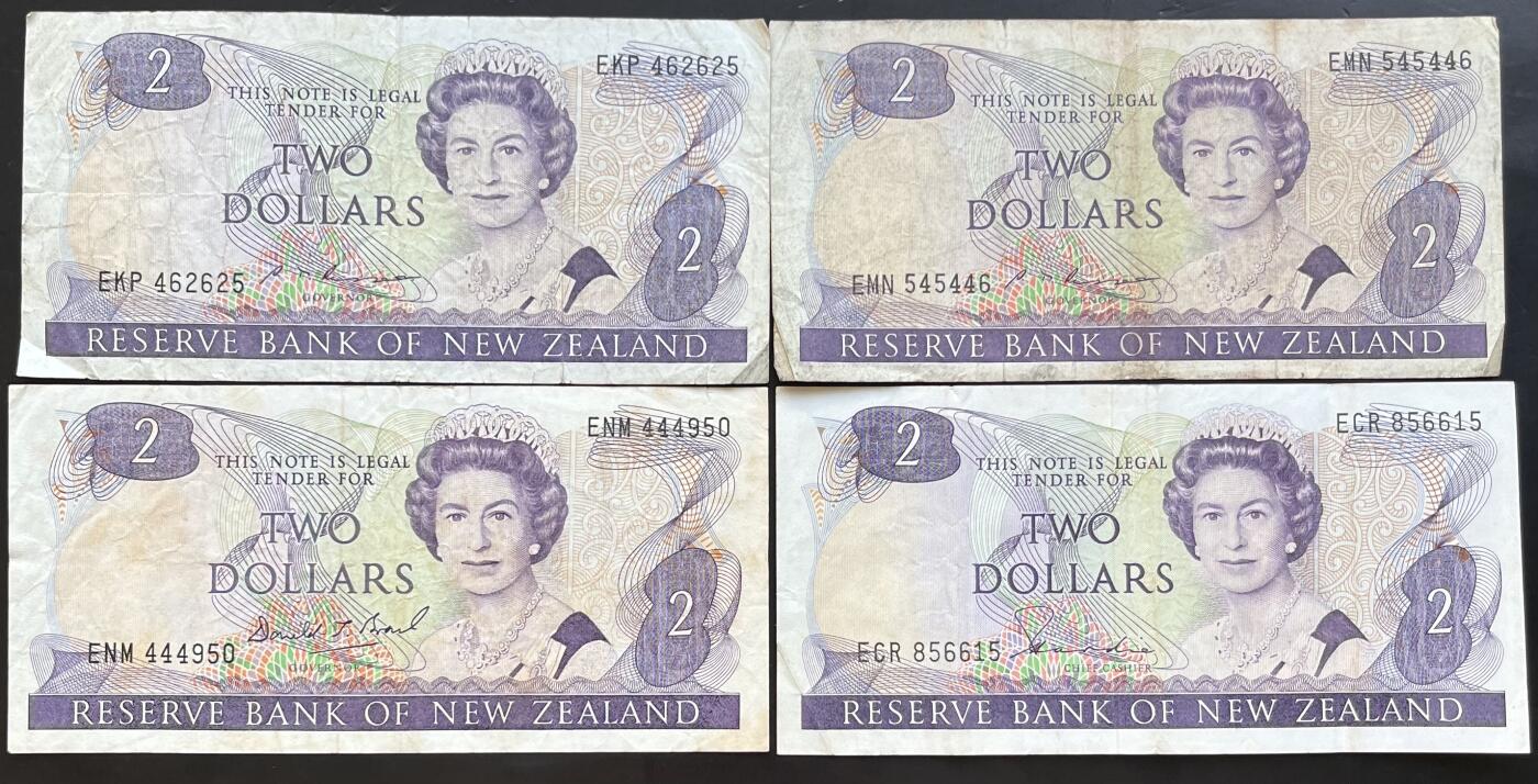 小福收藏拍卖第201期 流通品相裸钞 特惠场 本场拍卖美洲大洋洲非洲亚洲纸币【佣金仅收2% 不设最低佣金 全场包邮】 新西兰 2元 1组4张 涵盖了全部不同的三种签名 