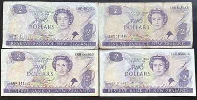 小福收藏拍卖第201期 流通品相裸钞 特惠场 本场拍卖美洲大洋洲非洲亚洲纸币【佣金仅收2% 不设最低佣金 全场包邮】 - 新西兰 2元 1组4张 涵盖了全部不同的三种签名 