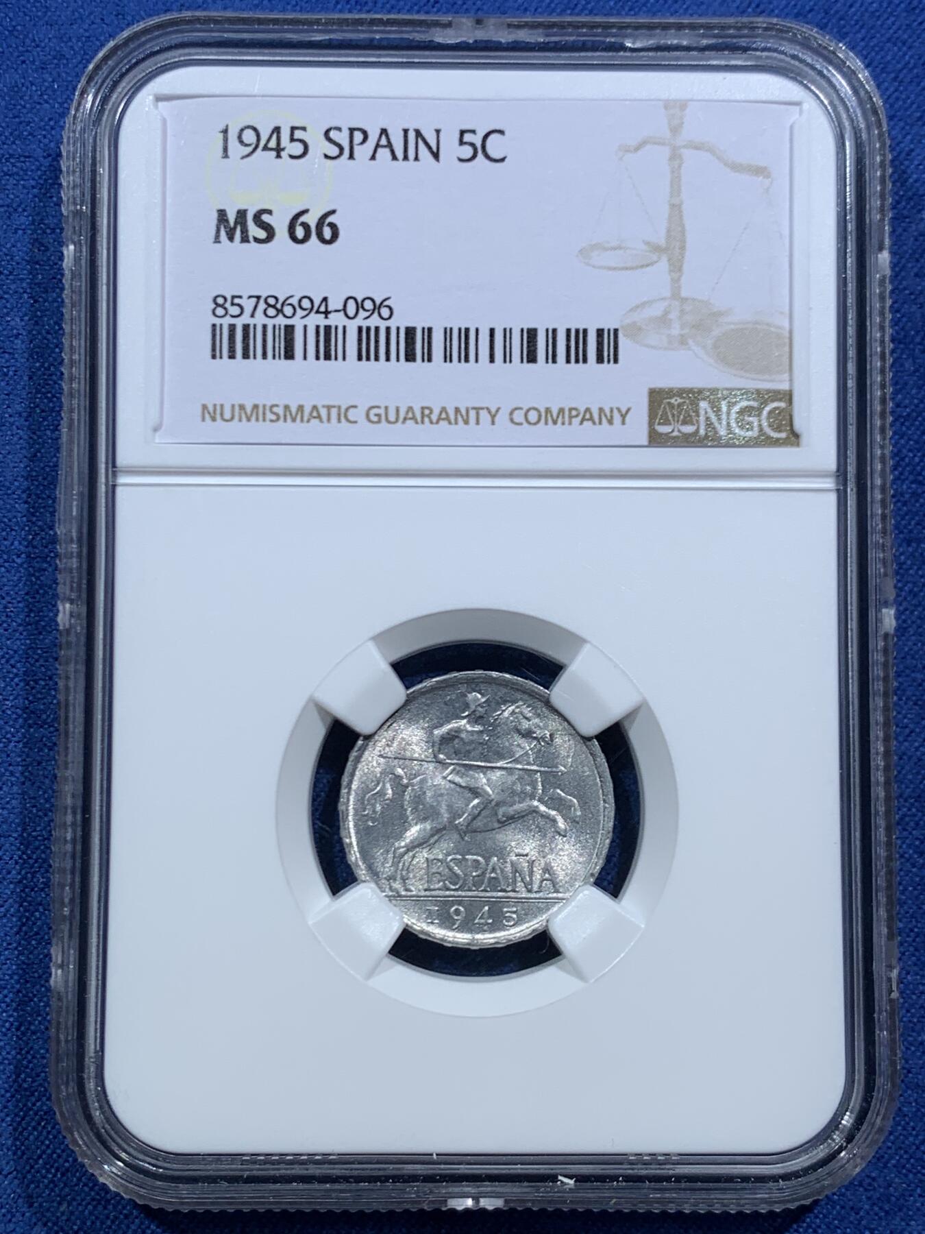 《竞宝斋》第466场 周日，周一 2场连拍 （全场包邮）欢迎送拍 NGC MS66 西班牙1945年骑马骑士5分 拆卷品评级 冠军分