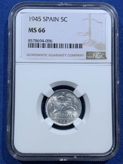 《竞宝斋》第466场 周日，周一 2场连拍 （全场包邮）欢迎送拍 - NGC MS66 西班牙1945年骑马骑士5分 拆卷品评级 冠军分