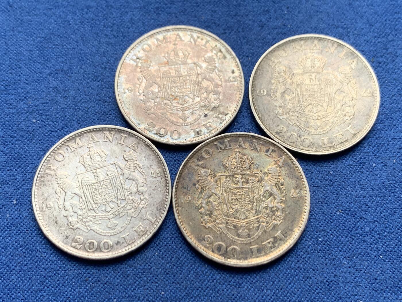 《竞宝斋》第466场 周日，周一 2场连拍 （全场包邮）欢迎送拍 四枚一组 罗马尼亚1942年米哈伊尔一世200列伊银币 835银 总重24.1g