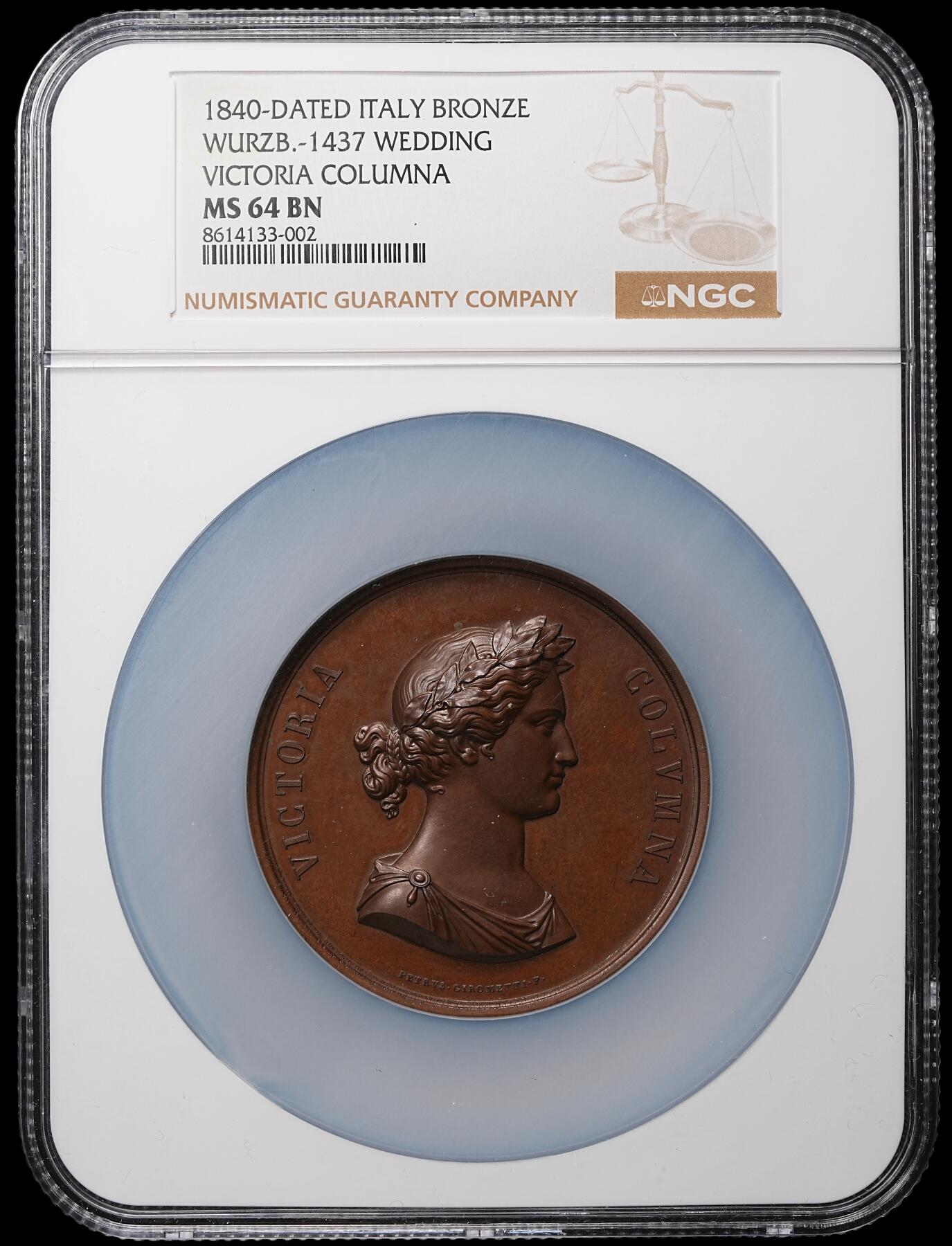 修遠堂世界钱币第106期，请看参拍说明 NGC MS64BN 1840年意大利结婚纪念大铜章